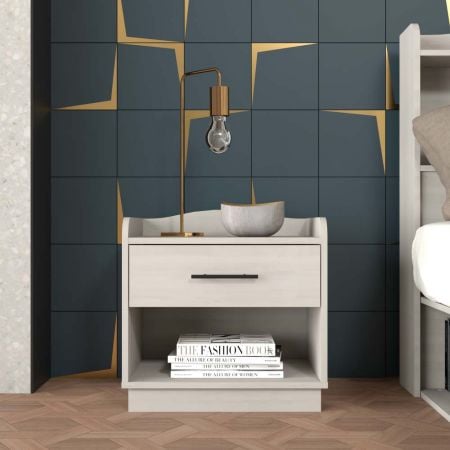 Mesa auxiliar retro de 50 cm con arco redondo y cajón laminado de papel de roble blanco - Mesa auxiliar vintage de 50 cm con arco redondo y cajón laminado de papel de roble blanco